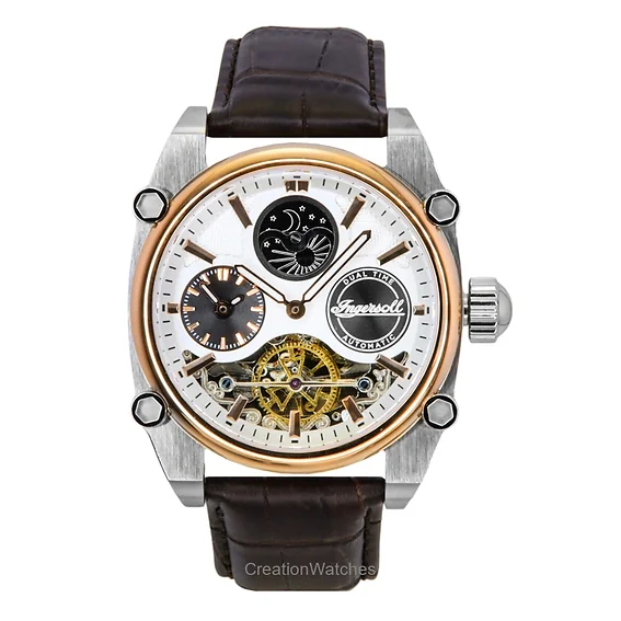 Ingersoll The Varsity Leather Strap Silver Skeleton Dial Automatic I15401 Men's Watch
