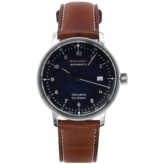 Relógio masculino Iron Annie Bauhaus marrom com pulseira de couro mostrador azul 50563 automático