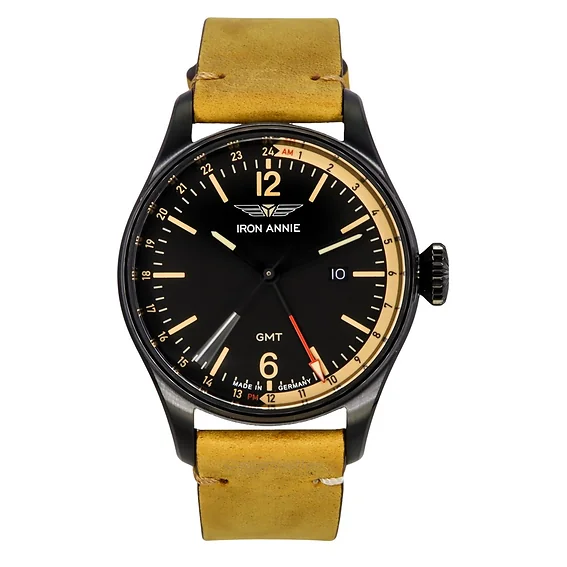 Iron Annie Flight Control Dual Time Leather Strap Black Dial Quartz 51482 Men's Watch