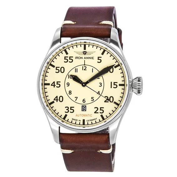 Iron Annie Flight Control Cockpit Leather Strap Beige Dial Automatic 51565 Men's Watch