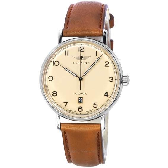 Relógio masculino Iron Annie Amazonas Impressions pulseira de couro bege mostrador automático 59543