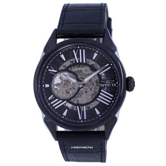 Invicta Vintage Skeleton Leather Black Dial Mechanical 38164 Men's Watch