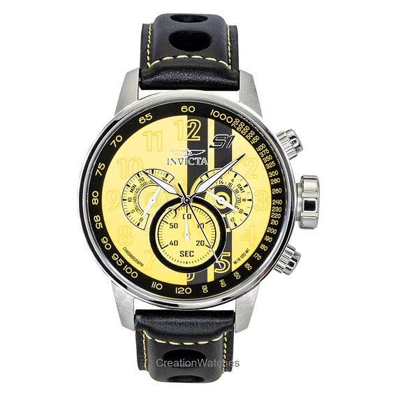 Invicta S1 Rally Chronograph GMT Leather Strap Yellow and Black Dial Quartz 48616 100M Men's Watch