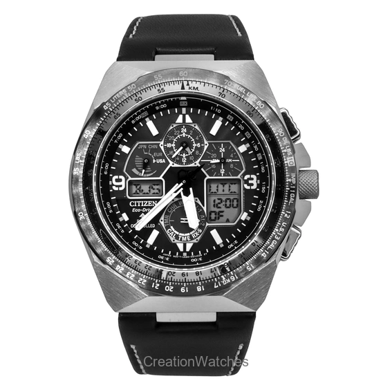 Citizen Promaster Skyhawk AT สายหนัง หน้าปัดสีดำ Eco-Drive Diver's JY8149-05E 200M นาฬิกาข้อมือชาย