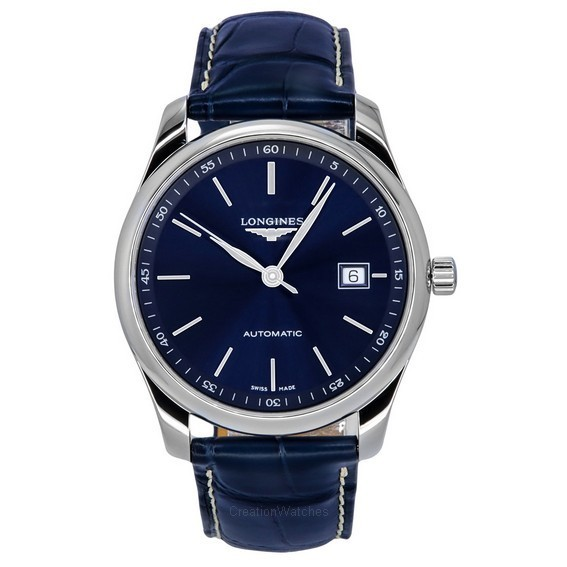 Longines Master Collection pulseira de couro Sunray mostrador azul automático L2.793.4.92.0 relógio masculino