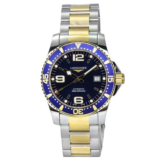 Longines HydroConquest Relógio masculino de dois tons de aço inoxidável com mostrador azul automático L3.742.3.96.7 300M