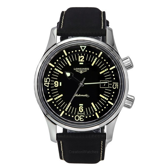 Longines Legend Diver pulseira de couro mostrador preto automático L3.774.4.50.0 300M relógio masculino