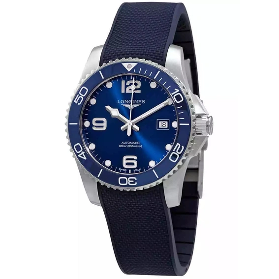 Longines Hydroconquest Rubber Strap Sunray Blue Dial Automatic Diver's L3.781.4.96.9 300M Men's Watch