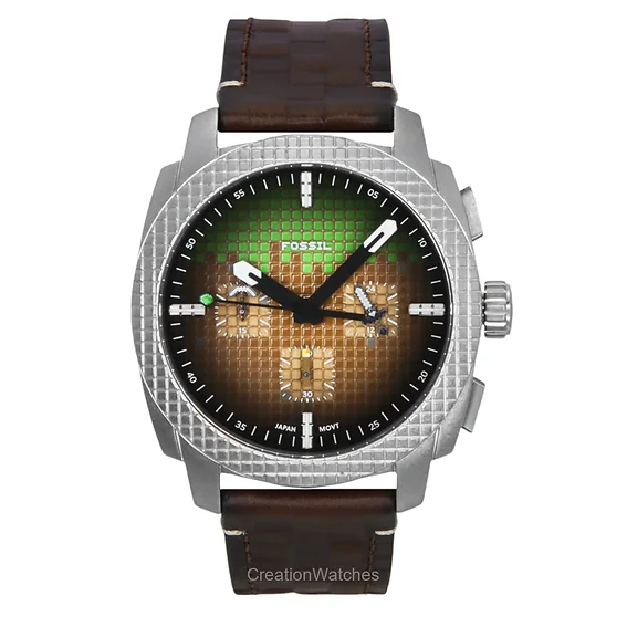 Fossil Minecraft Grass Block Chronograph Limited Edition Leather Strap Brown Dial Quartz LE1206 Men's Watch
