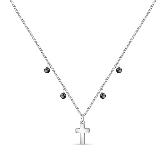 La Petite Story Steel Cross Necklace With Clear Zircon And Black Beads LPS10ASF07 For Women