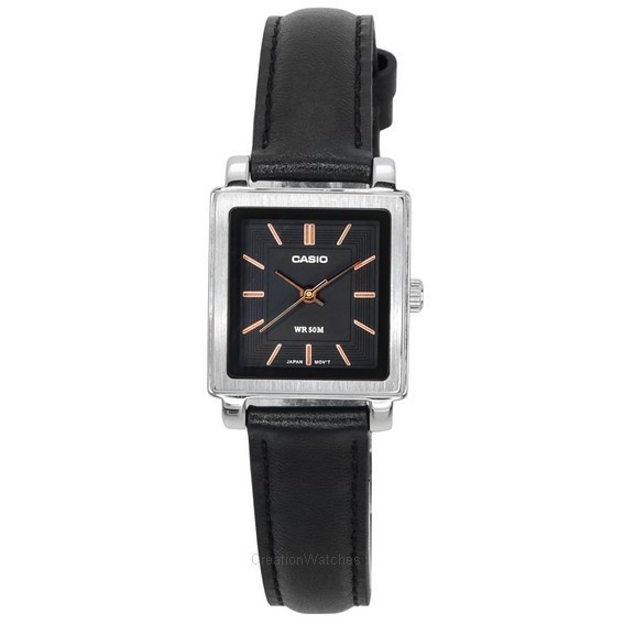 卡西歐標準模擬皮革錶帶黑色錶盤石英 LTP-E176L-1A 婦女手錶