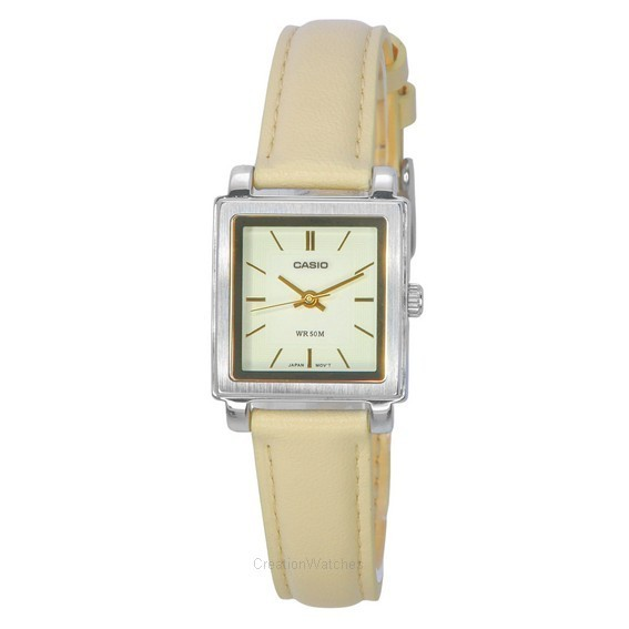 卡西欧标准模拟皮革表带米色表盘石英 LTP-E176L-5A 妇女手表