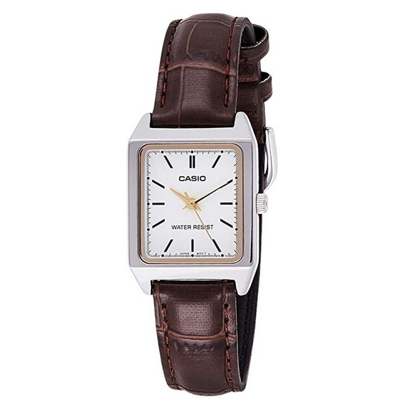 Casio pulseira de couro analógico padrão mostrador branco quartzo LTP-V007L-7E2 relógio feminino