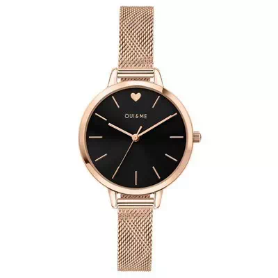 Relógio feminino Oui & Me Petite Amourette com mostrador preto rosa tom ouro em aço inoxidável quartzo ME010002