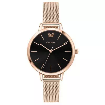 Relógio feminino Oui & Me Amourette com mostrador preto rosa tom ouro em aço inoxidável quartzo ME010015