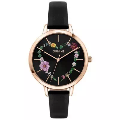 Relógio feminino Oui & Me Grande Fleurette com pulseira de couro mostrador preto Quartz ME010030