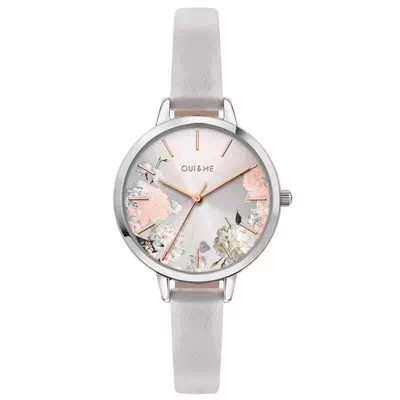 Oui & Me Petite Fleurette prata com mostrador pulseira de couro quartzo ME010098 relógio feminino