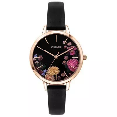 Relógio feminino Oui & Me Fleurette com mostrador preto de couro Quartz ME010101
