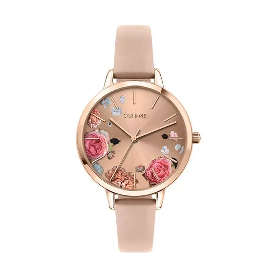 Oui & Me Grande Fleurette Rose Gold Sunray Dial Leather Strap Quartz ME010108 Women's Watch