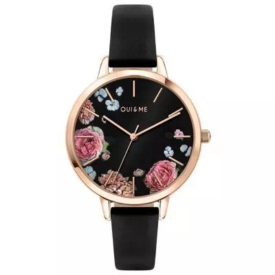 Relógio feminino de quartzo ME010109 com pulseira de couro com mostrador preto Oui & Me Grande Fleurette