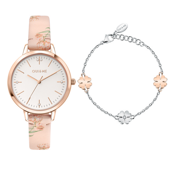 Oui & Me Fleurette aço inoxidável mostrador branco quartzo ME010304 relógio feminino com pulseira extra