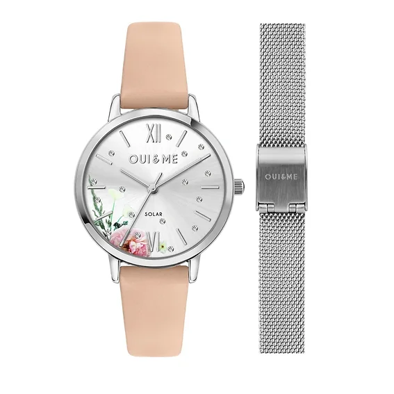 Oui & Me Fleurette Pink Leather Strap Silver Dial Solar ME010373 Women's Watch With Extra Bracelet