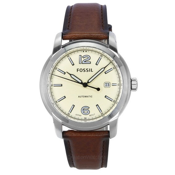 Fossil Heritage Brown LiteHide Leather Strap Cream Dial Automatic ME3221 นาฬิกา Unisex