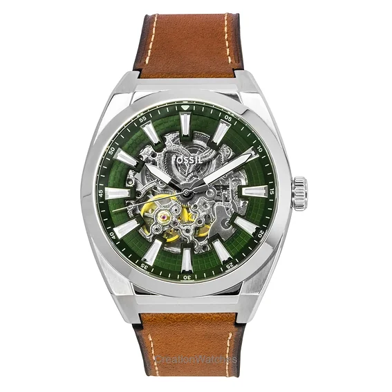 Fossil Everett ブラウンレザーストラップ グリーンスケルトンダイヤル 