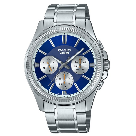 Relógio masculino Casio Enticer analógico de aço inoxidável com mostrador azul quartzo MTP-1375D-2A1