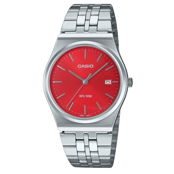 Relógio unissex Casio analógico padrão de aço inoxidável com mostrador vermelho quartzo MTP-B145D-4A2V
