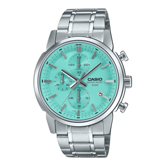 Casio Standard Analog Chronograph Stainless Steel Turquoise Dial Quartz MTP-E510D-2AV นาฬิกาข้อมือผู้ชาย