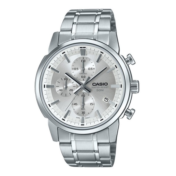 卡西欧标准模拟计时码表不锈钢银色表盘石英 MTP-E510D-7AV 男士手表