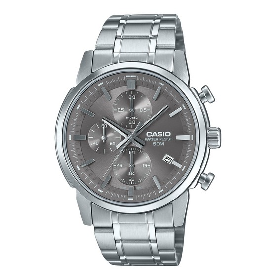 Reloj para hombre Casio Cronógrafo analógico estándar de acero inoxidable con esfera gris y cuarzo MTP-E510D-8AV