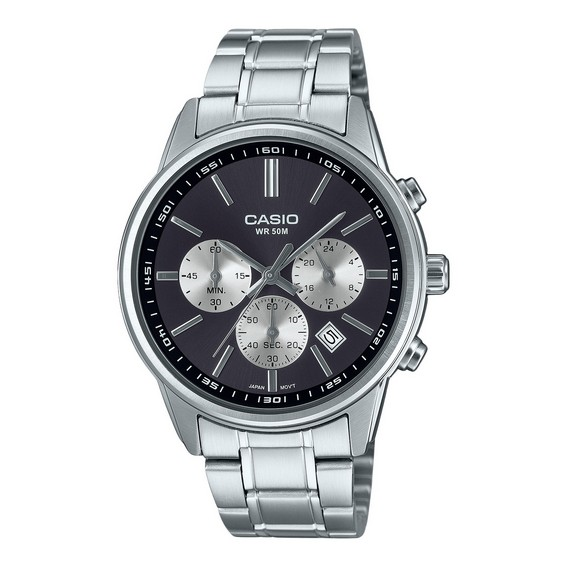 Стандартный аналоговый хронограф Casio, кварцевые мужские часы из нержавеющей стали с серым циферблатом MTP-E515D-1AV