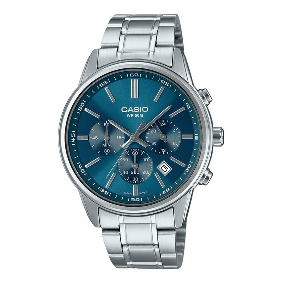 Relógio masculino Casio padrão analógico cronógrafo de aço inoxidável com mostrador azul quartzo MTP-E515D-2A1V