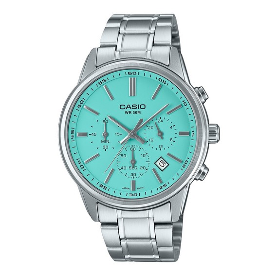 卡西歐標準模擬計時碼錶不鏽鋼綠松石錶盤石英 MTP-E515D-2A2V 男錶 zh-CHS