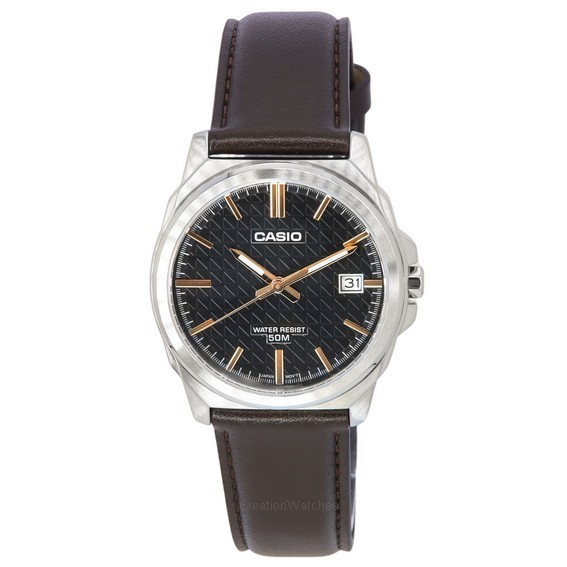 卡西欧标准模拟棕色皮革表带黑色表盘石英 MTP-E720L-5A 男士手表