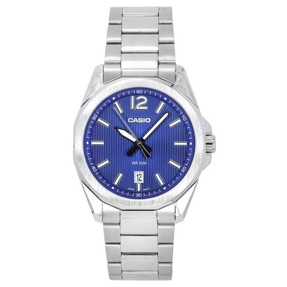 Relógio masculino Casio padrão analógico de aço inoxidável com mostrador azul quartzo MTP-E725D-2A