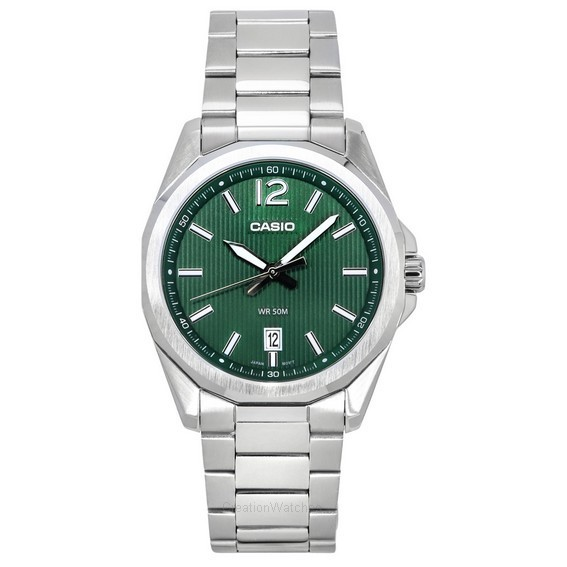 卡西歐標準模擬不鏽鋼綠色錶盤石英 MTP-E725D-3A 男士手錶 zh-CHS