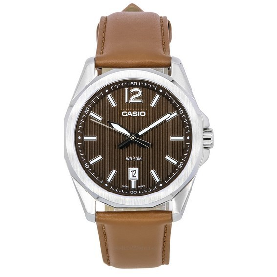 Стандартные аналоговые кварцевые мужские часы Casio с кожаным ремешком и коричневым циферблатом MTP-E725L-5A