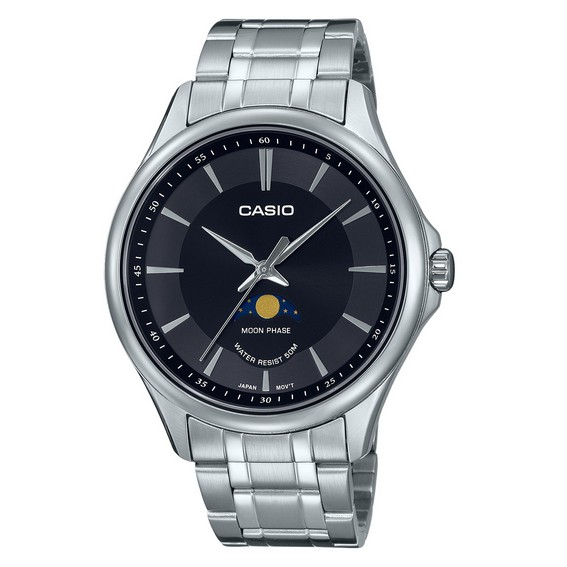 Męski zegarek Casio Standard, analogowy, z fazą księżyca i czarną tarczą, kwarcowy MTP-M100D-1A
