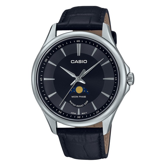 Reloj Casio estándar analógico con fase lunar, correa de cuero, esfera negra, cuarzo MTP-M100L-1A para hombre