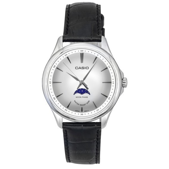 卡西歐標準模擬月相皮革錶帶銀色錶盤石英 MTP-M100L-7A 男士手錶
