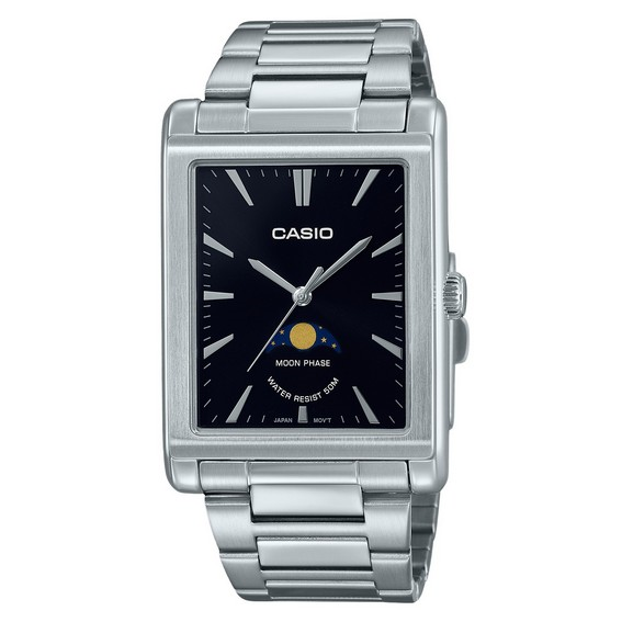 Reloj Casio estándar analógico con fase lunar de acero inoxidable y esfera negra de cuarzo MTP-M105D-1A para hombre