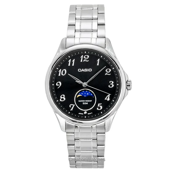 Casio Standard Analog Moon Phase Stainless Steel Black Dial Quartz MTP-M110D-1AV Men's Watch
