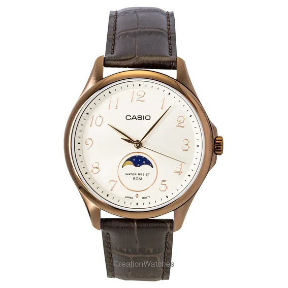 Casio Standard Analog Moon Phase Leather Strap Ivory Dial Quartz MTP-M110RL-5AV Men's Watch