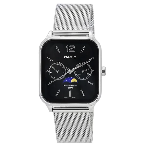 Casio Standard Analog Moon Phase Mesh Strap Black Dial Quartz MTP-M305M-1A Men's Watch