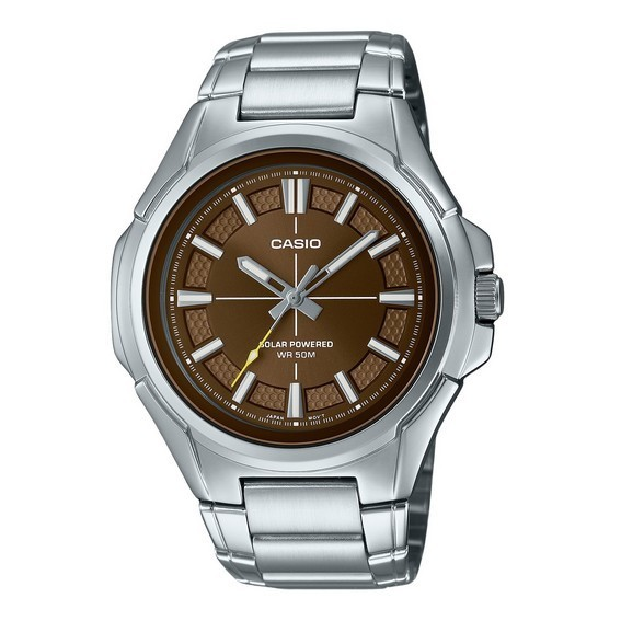 Męski zegarek Casio Standard, analogowy, ze stali nierdzewnej, z brązową tarczą, Solar MTP-RS100D-5AV