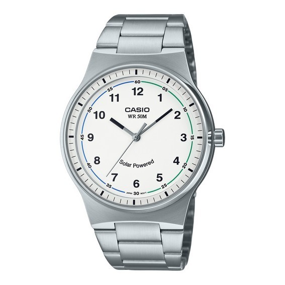 卡西歐標準模擬不鏽鋼白色錶盤太陽能 MTP-RS105D-7BV 男士手錶