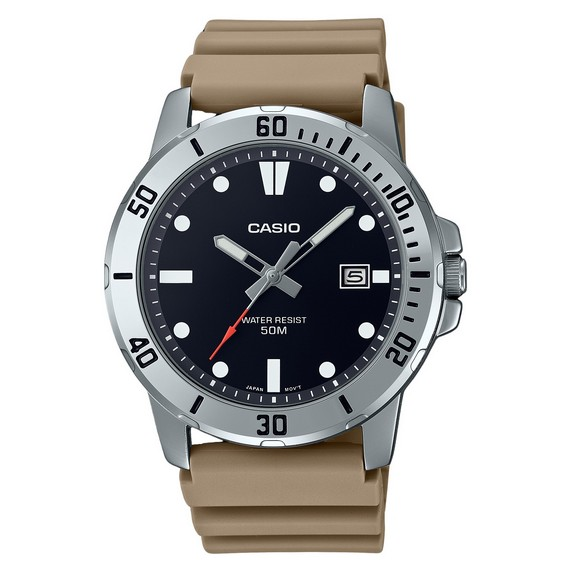 卡西歐標準模擬米色樹脂錶帶黑色錶盤石英 MTP-VD01-5E 男士手錶